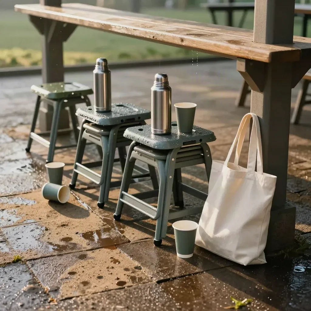 Wet pavilion meetup setup with stools, thermoses and cups after rain