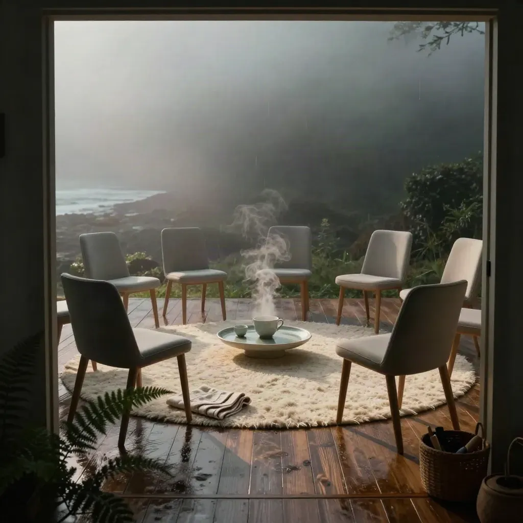 Foggy morning support circle with steam rising from tea and empty ash chairs.