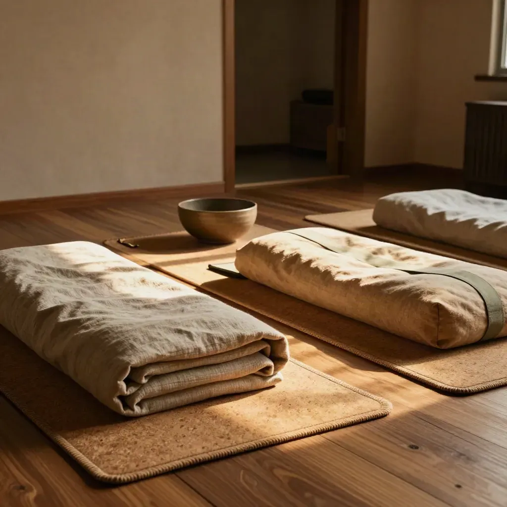 Breathwork studio corner with rolled mats, linen blankets, bolster and ceramic bowl in sun haze.
