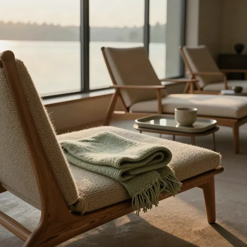 Sage chairs and a wool throw by a lake window with mist and a low tea tray