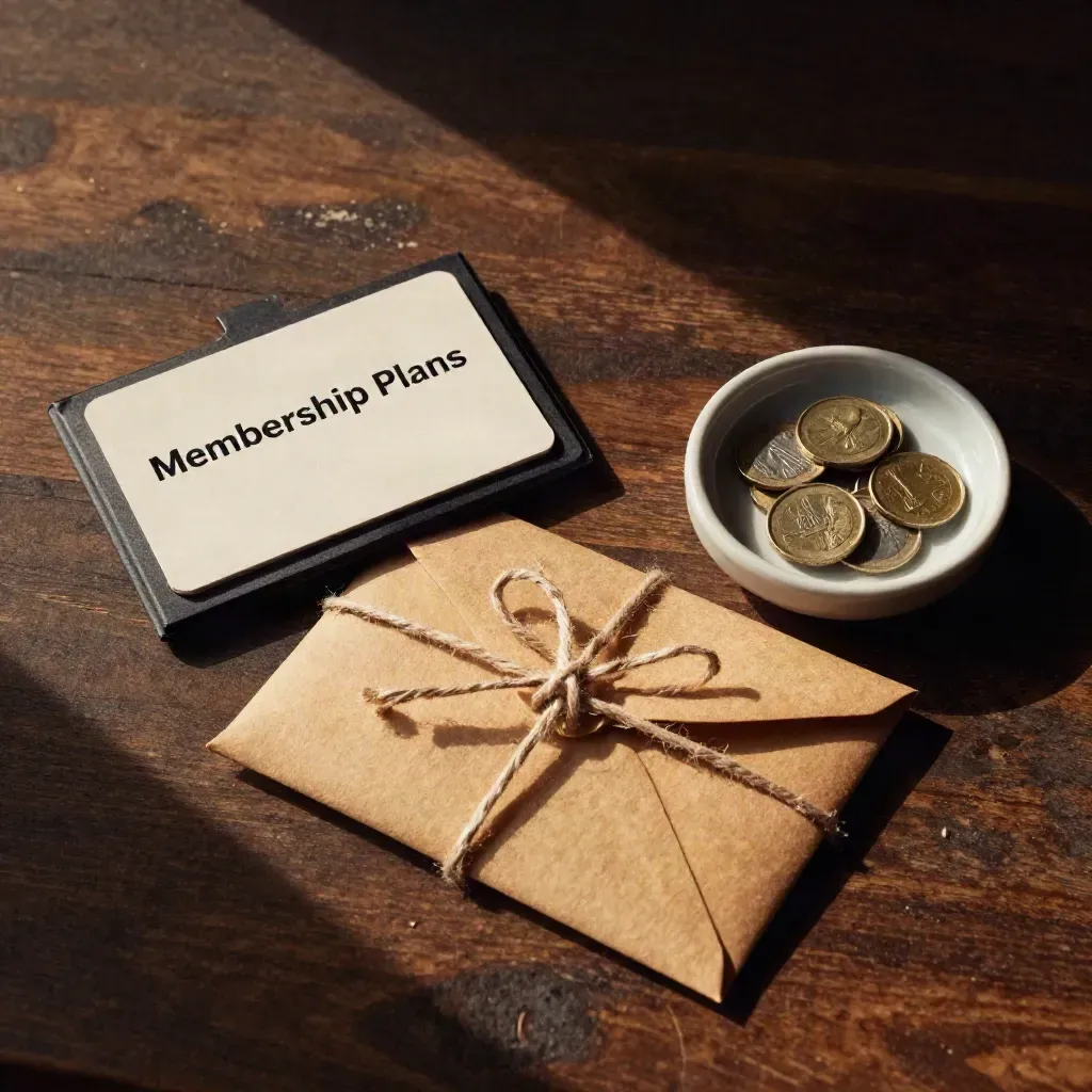 Top-down still life of membership envelopes, a card holder, and a ceramic coin dish on dark wood.