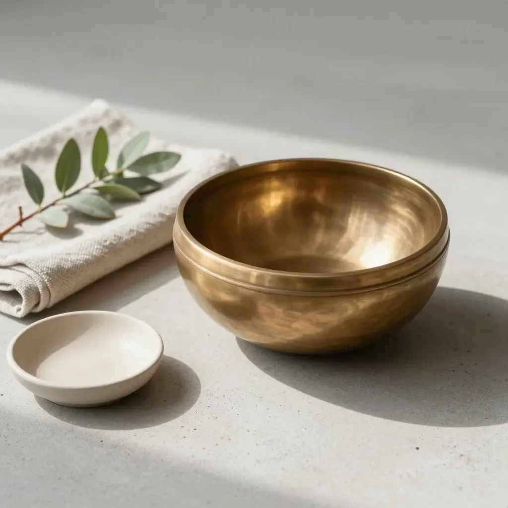 Brushed brass singing bowl with sage cloth, plant and cream dish on concrete, lit by soft daylight